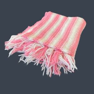 Hand Made Crochet Pink and White Baby Afghan Blanket 20”x48” Lap Blanket